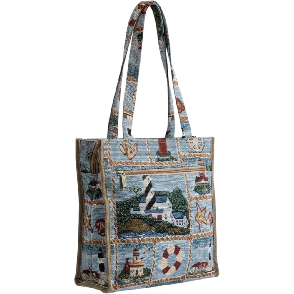 Vintage Jade Nautical Lighthouse Tapestry Tote Coastal Woven Shoulder Bag Blue